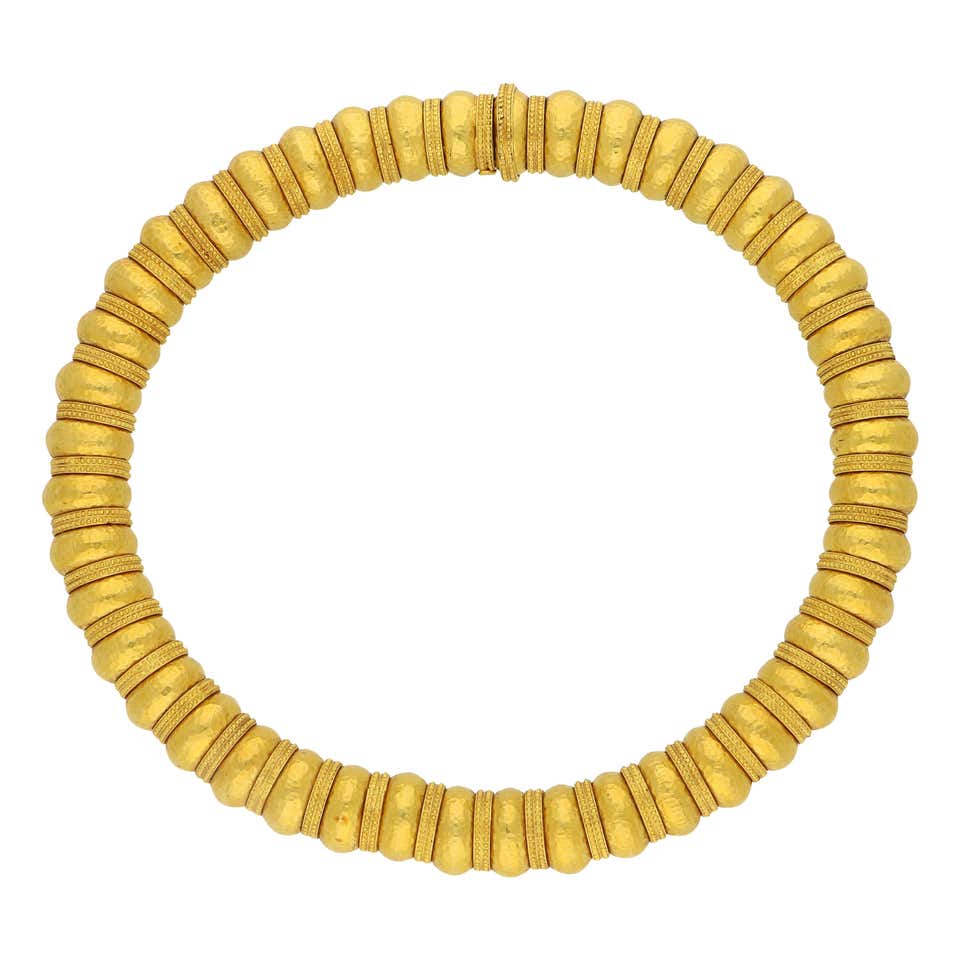 Ilias Lalaounis Gold Bead Necklace with Hammered Finish and Textured Rondels.