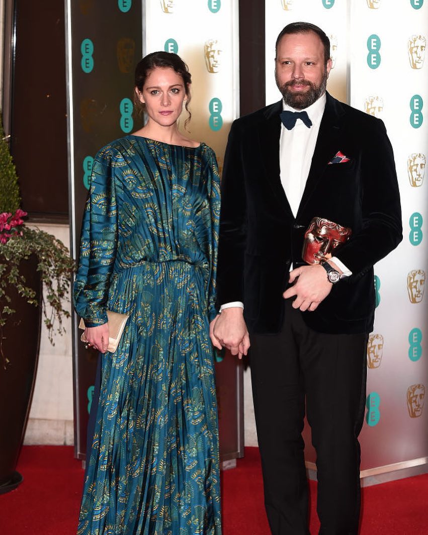 Ariane Labed captured on the BAFTA red carpet with our green and gold silk dress inspired by the Treasury room of Toutankhamon! (from our fb page, fw 19-20)