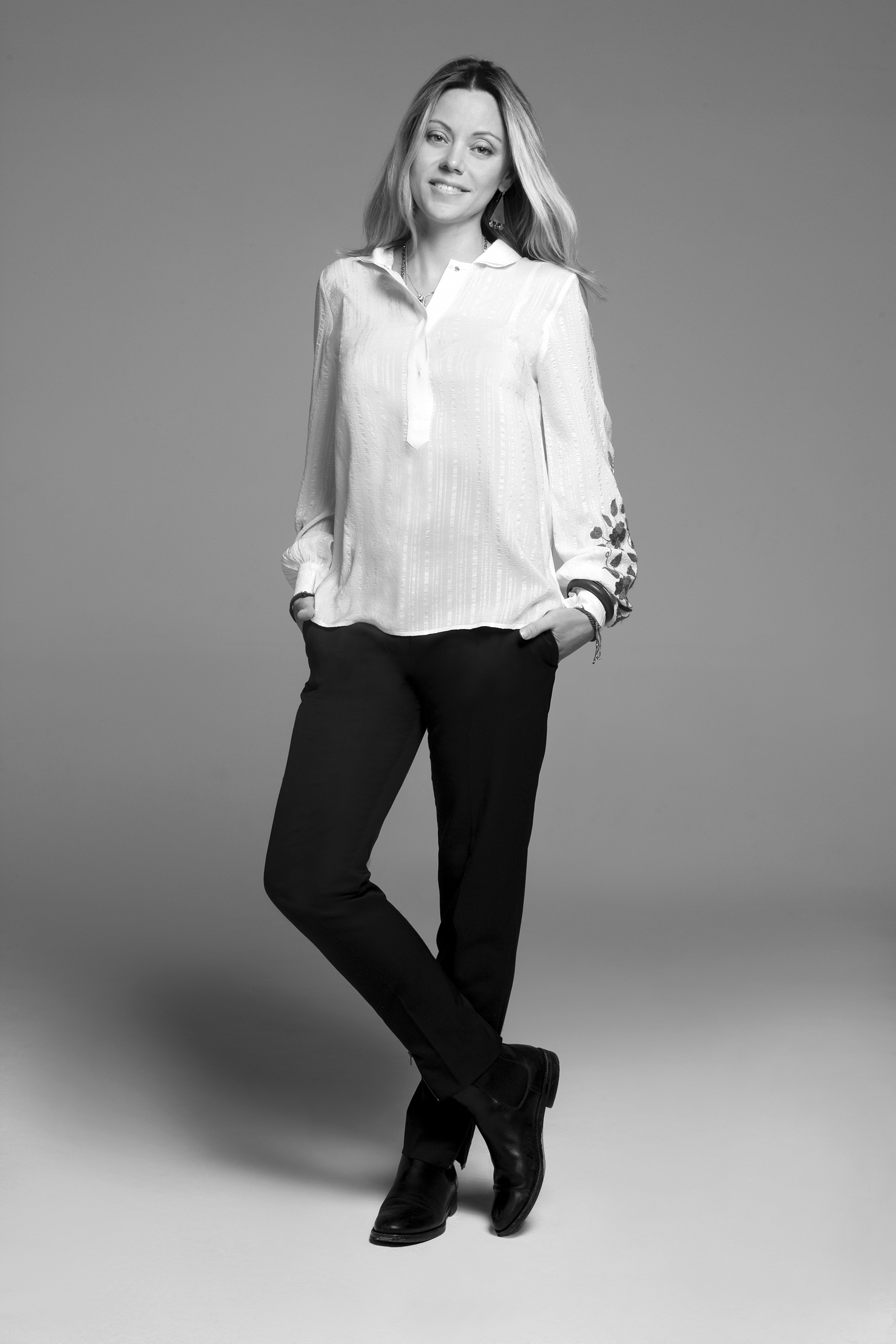 Dimitra Kolotoura, founder of ZEUS+DIONE in ivory Hera blouse