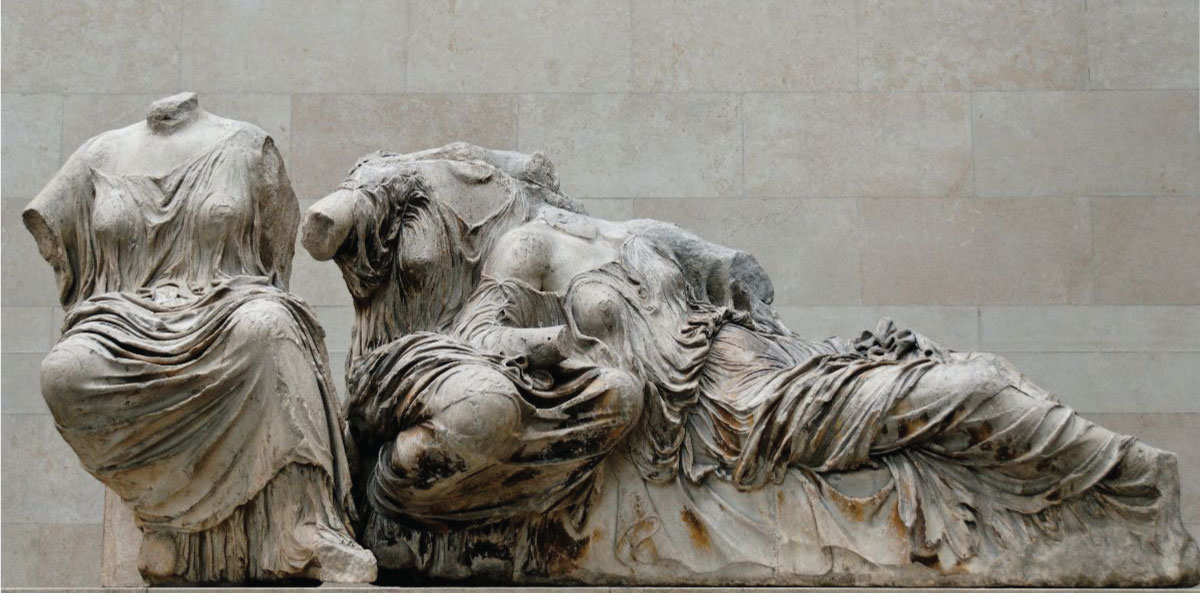 Hestia, Dione and Aphrodite, from the east pediment of the Parthenon, ca. 447-432, Marble. Main floor, room 18: the Parthenon galleries, The British Museum. Photo © Marie-Lan Nguyen.