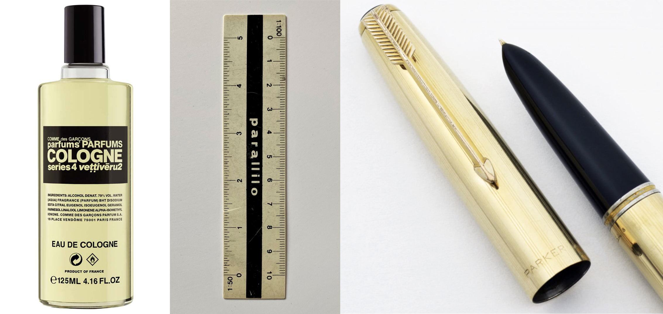 Left: Comme des Garçons Vetiver. ,middle: Plastic 10cm-ruller & Right: The Parker 51 "The World's Most Wanted Pen".