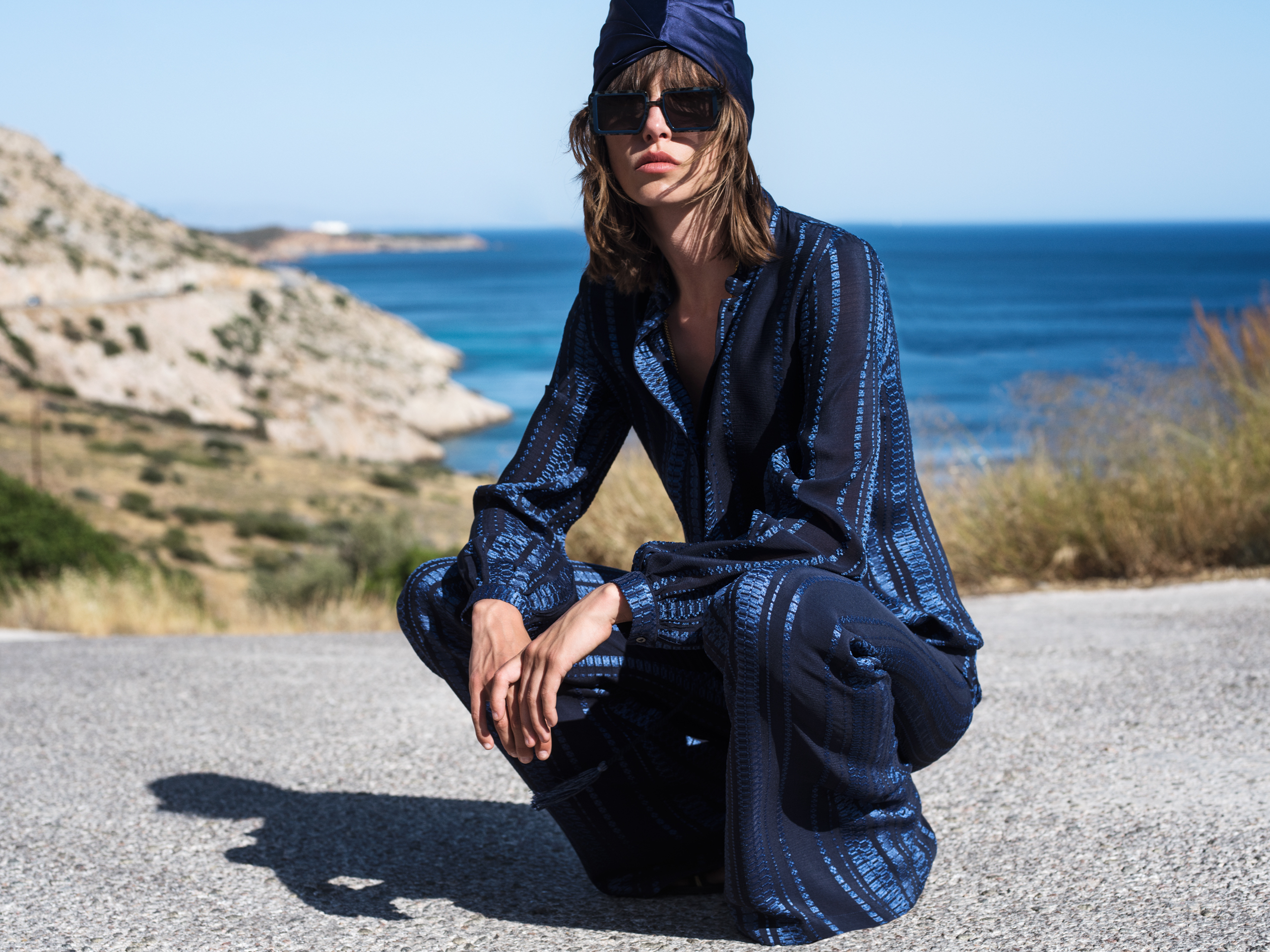 Hera blouse in navy blue, Resort '19 campaign - Photo by Yiorgos Kaplanidis